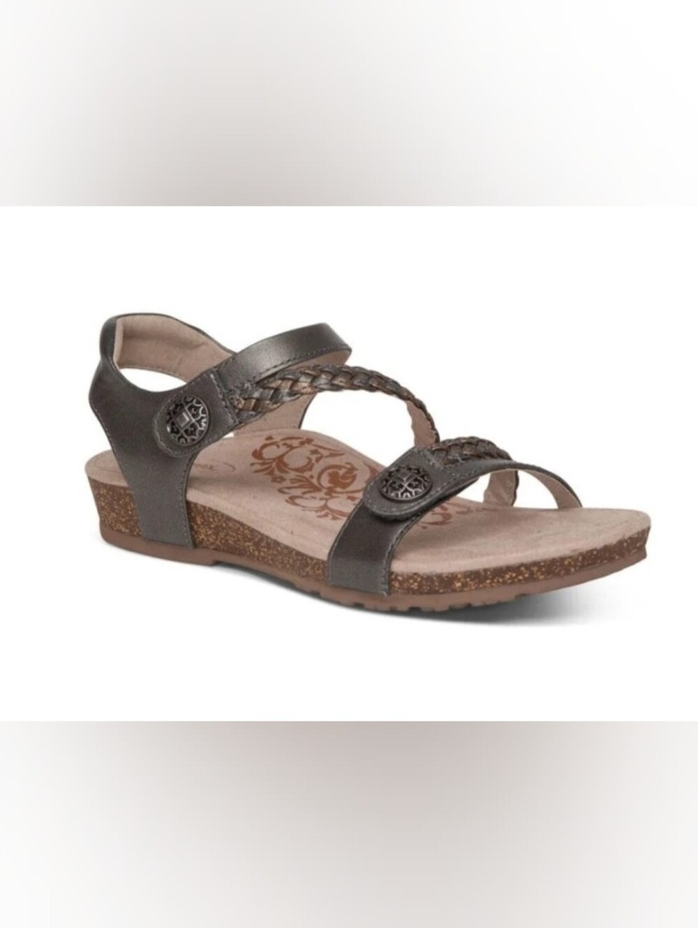NWT Aetrex Jillian Gunmetal Braided Strap Metallic Arch Support Sandals